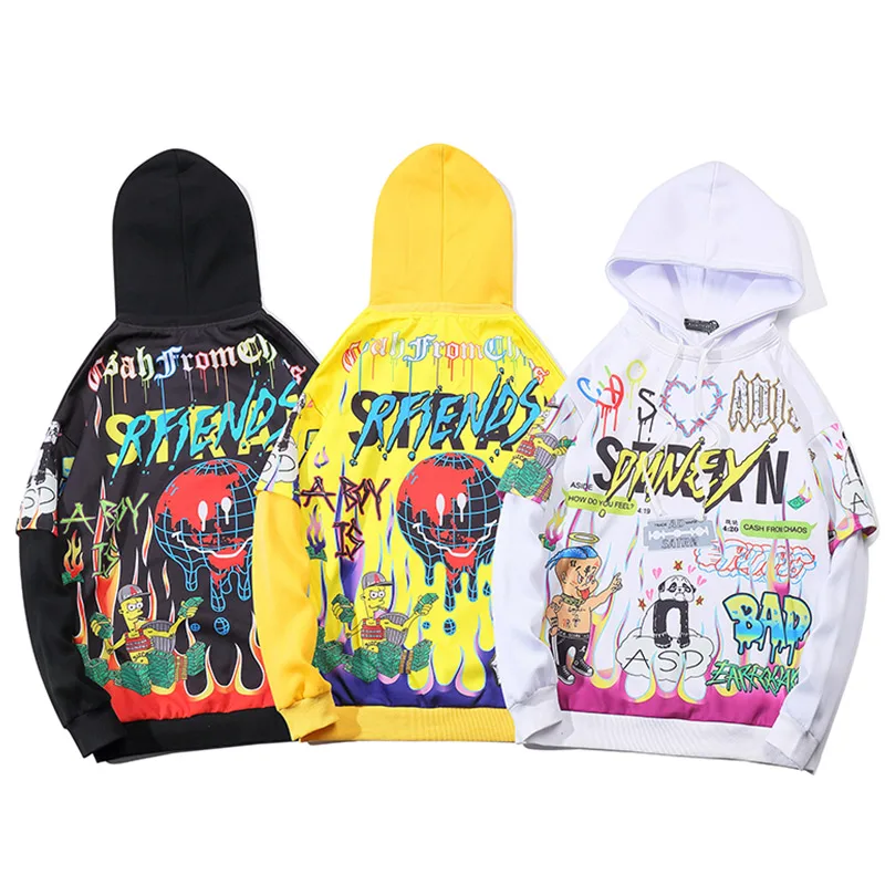 Aolamegs Hoodies Men Hip Hop Letter Print Men Pullover Cartoon Oversize Style Hooded Sweatshirt Lover High Street Streetwear