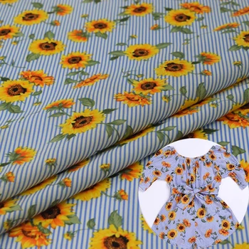 

Sky blue Stripe sunflower print pure cotton fabric for dress shirt ткань хлопок ткани tissu bazin riche getzner tissus фатин DIY