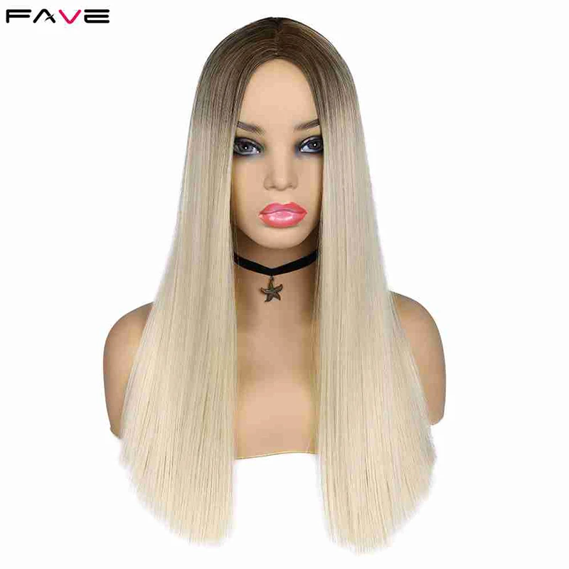 FAVE Black To Light Blonde Straight Bob Shoulder Length Synthetic Wig Middle Part Cosplay Party Heat Resistant Fiber For Women