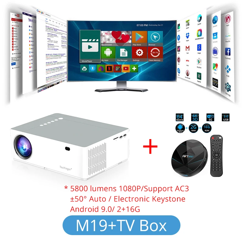 M19 add TV Box TouYinger M19 проектор Full HD 1080P 5800 люмен поддержка AC3 светодиодный домашний кинотеатр Full HD видео проектор Android tv Box опционально - Цвет: M19 add TV Box