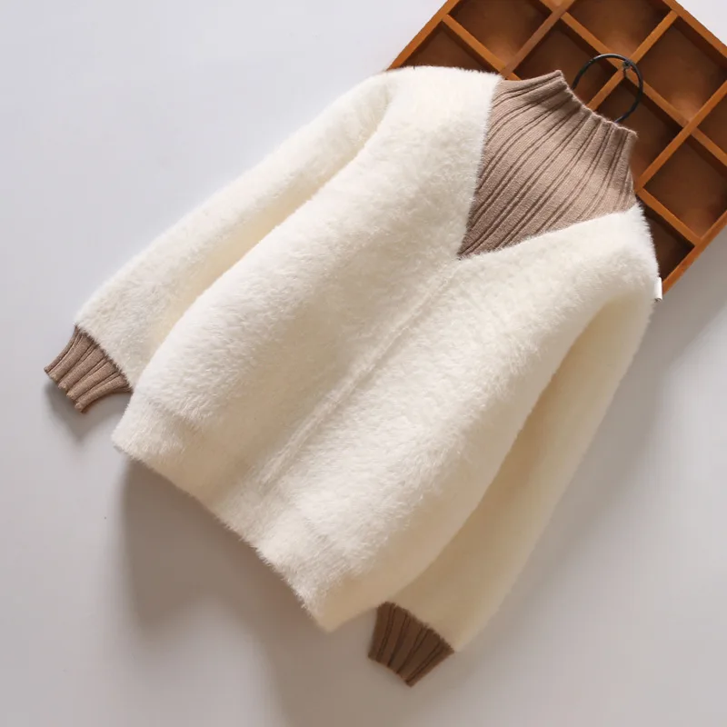 beige white Зимние вязаные свитера для девочек; плотный Теплый Бархатный свитер с высоким воротником; осенние вязаные пуловеры; одежда для маленьких девочек 12 месяцев; От 2 до 13 лет детей - Цвет: beige white