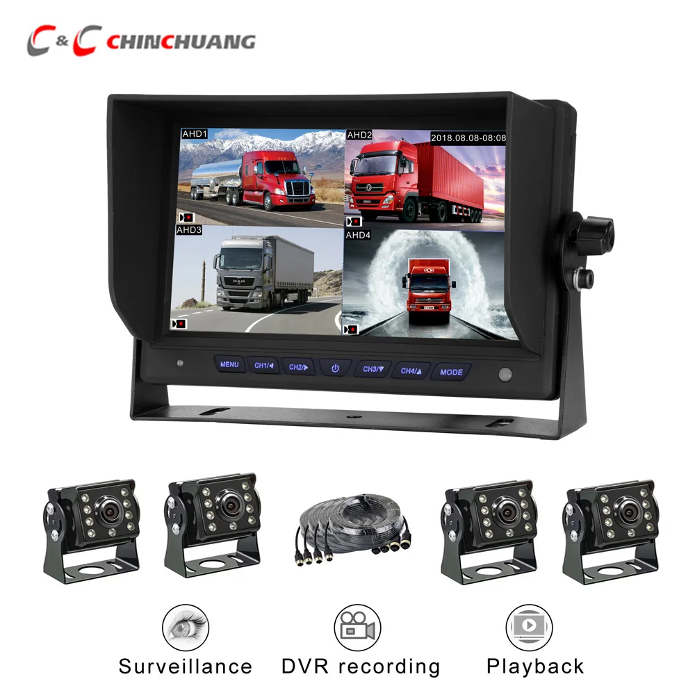 9 Quad Monitor Dash Cam DVR 4CH AHD Camera For Semi Truck Bus Caravan  Trailer