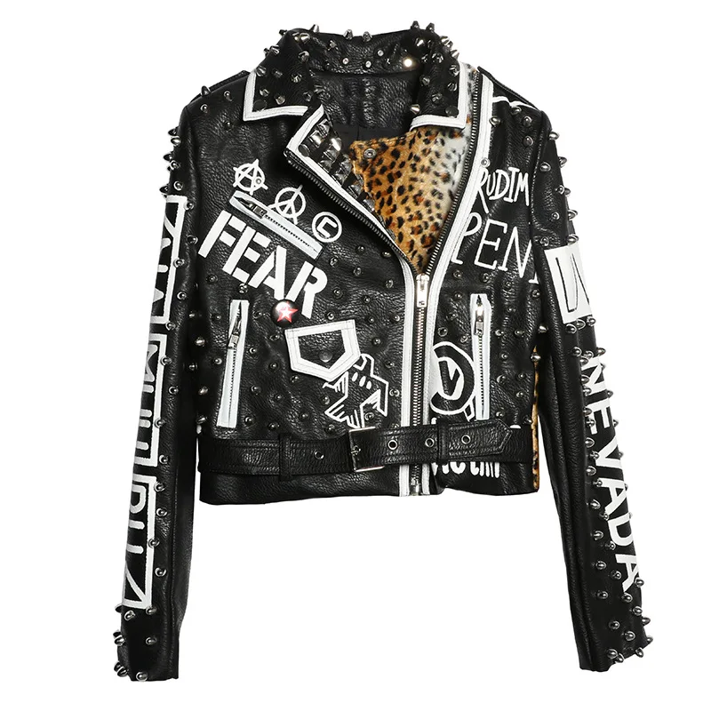 Уличная одежда Рок дамы черный Печатный PU кожаный крутой короткий топ куртка пальто женщин Фантастический мотоцикл леопардовая куртка с заклепкой пальто