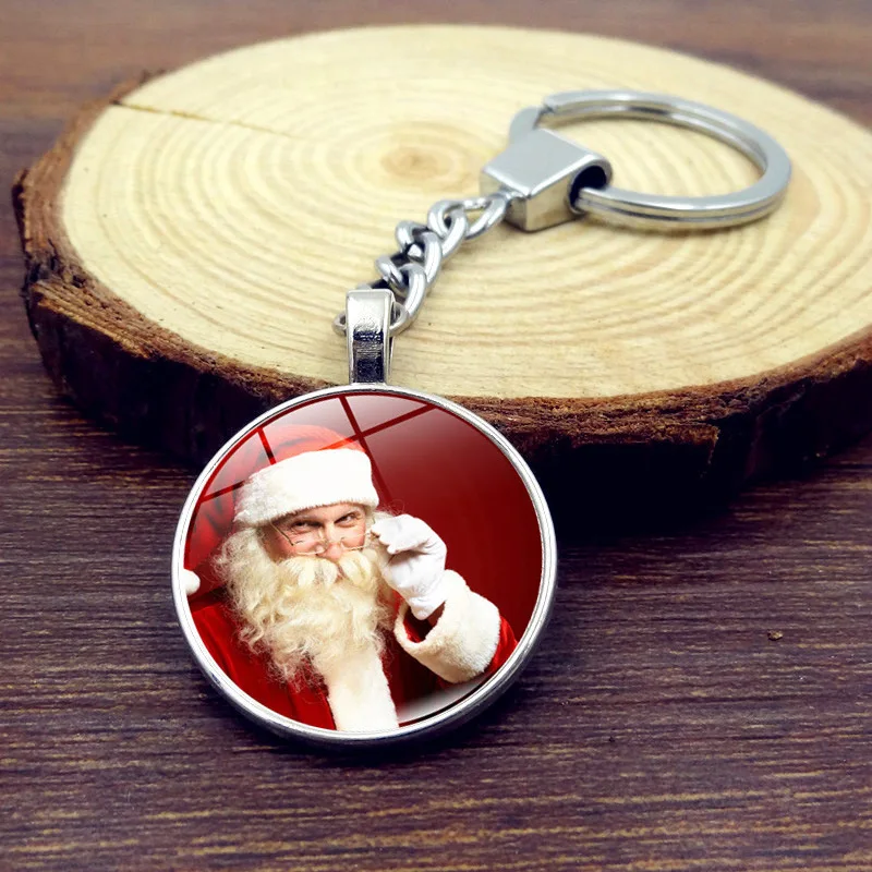 

White Beard Santa Claus Time Stone Keychain Christmas Tree Snowman Glass Pendant Key Pendants