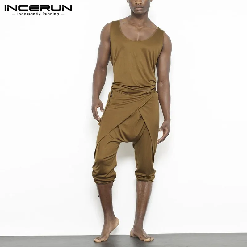 Casual Men Lace-Up 2pieces Suits Pants Men-Sets Streetwear INCERUN Summer Sleeveless