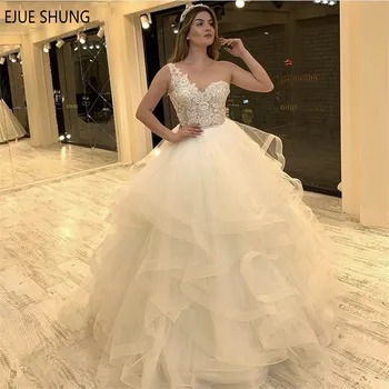 

E JUE SHUNG Modern Wedding Dresses One Shoulder Backless Appliques A Line Tiered Bridal Dresses Wedding Gowns robe de mariée