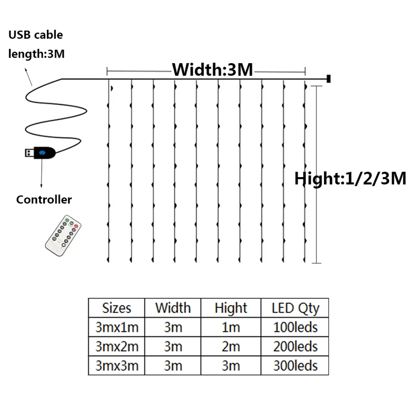 3M-LED-USB-Power-Remote-Control-Curtain-Fairy-Lights-Christmas-Garland-Lights-LED-String-Lights-Party