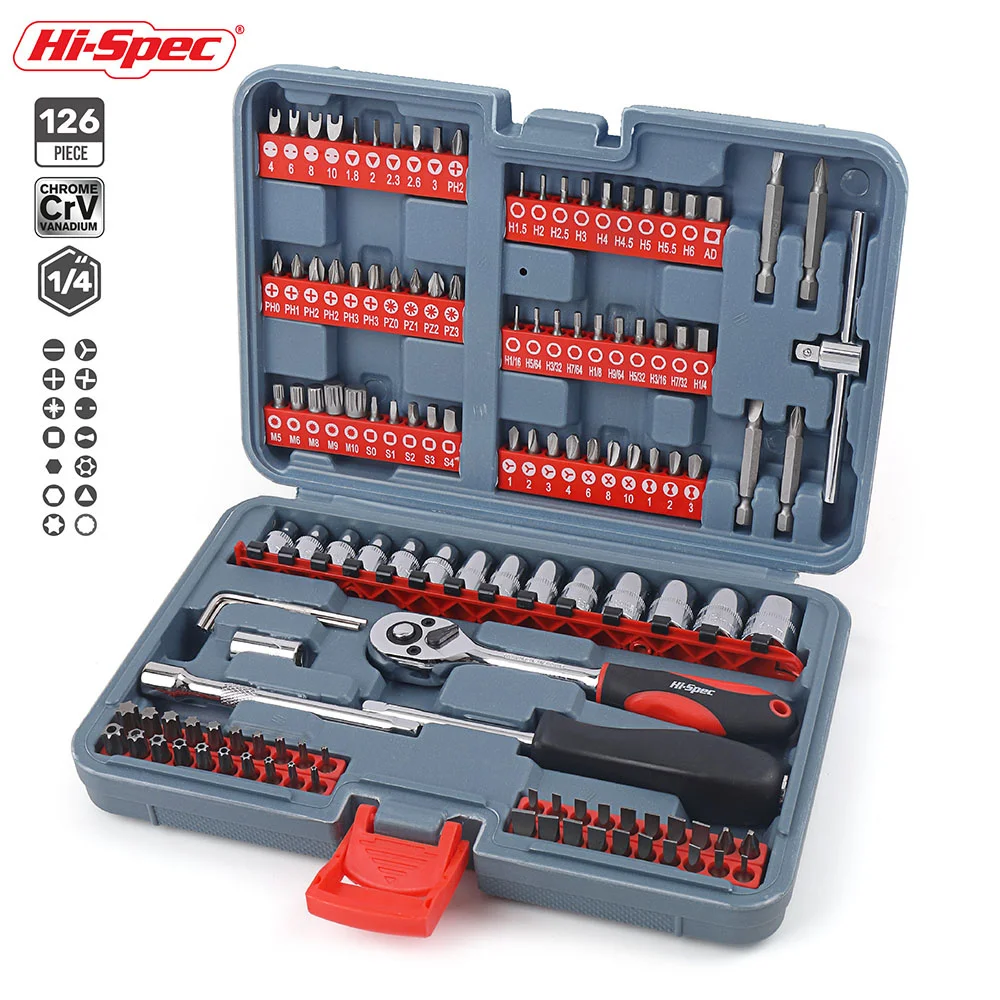 Hi-Spec 126pc 1/4 Drive Socket Set Metric Auto Repair Hand Tool Set with Quick Release Ratchet Socket Wrench Screwdriver Bit Set 46pcs car repair tool kit 1 4 inch drive socket ratchet torque wrench set screwdriver bit quick spanner hand tools combination