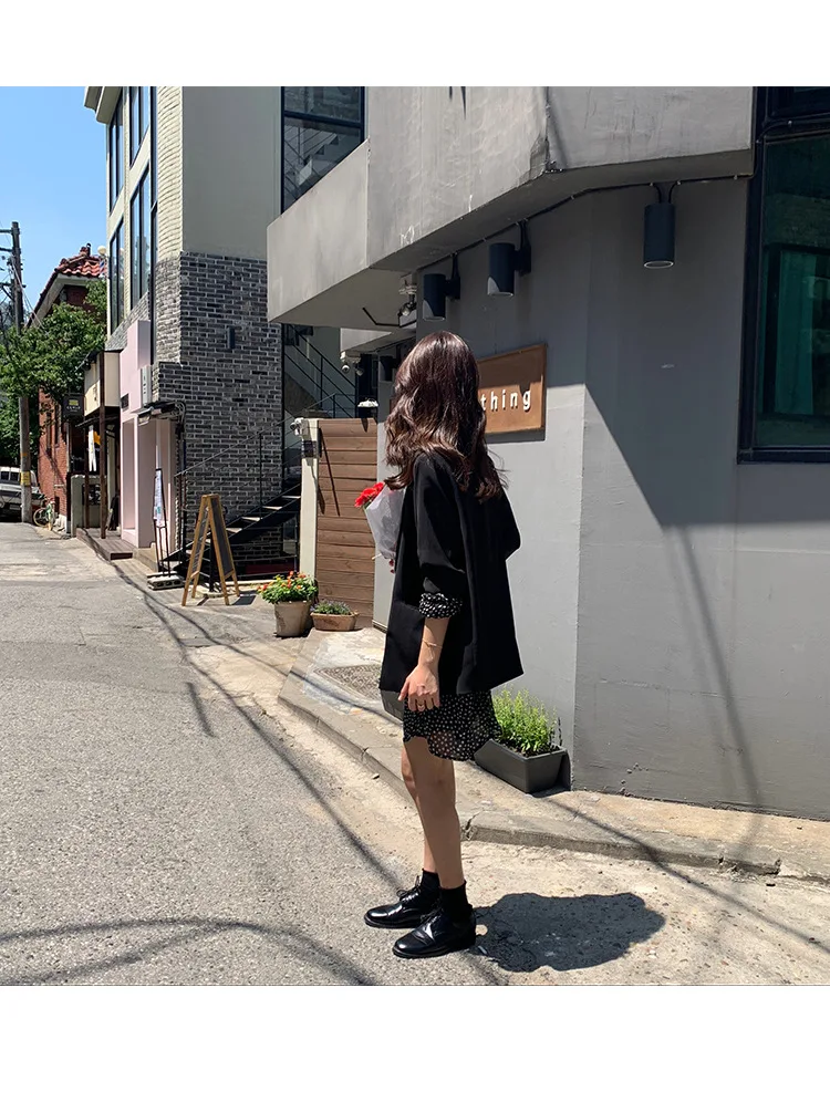 Корейский Осенний шикарный простой двубортный черный повседневный свободный Блейзер на пуговицах, женская новая модная уличная одежда