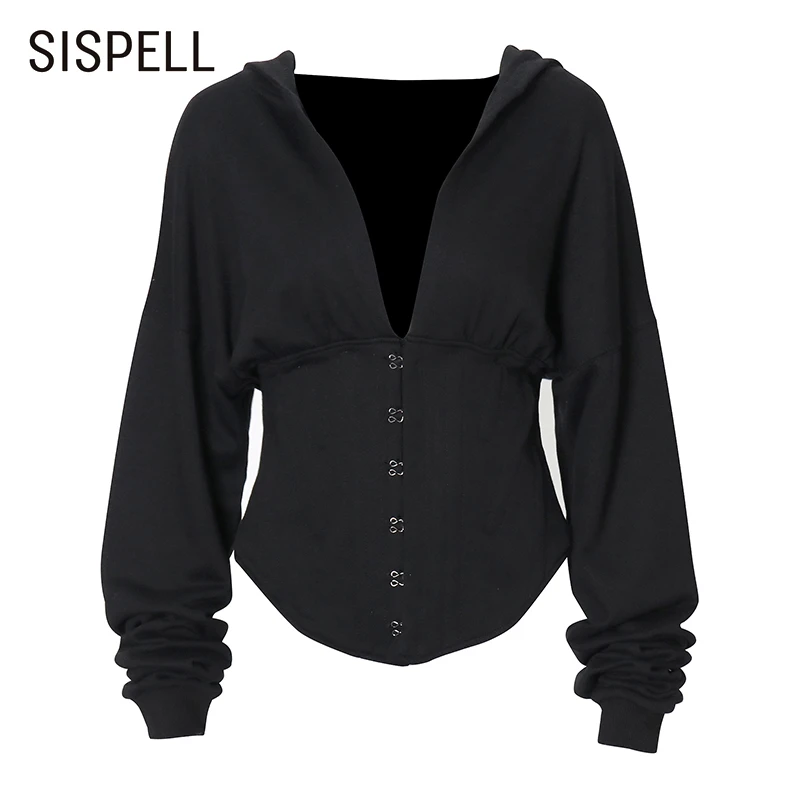 

SISPELL Patchwork Hooded Women's Pullover Sweatershirt Deep Vneck Long Sleeve High Waist For Female Casual Sweatershirt Fashion