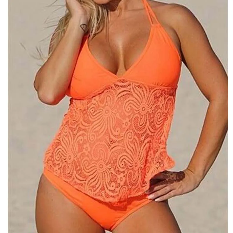 Orange swimsuit Новинка, комплект бикини в сеточку, сексуальный купальник с лямкой через шею, открытая спина, низкая талия, купальник, пуш-ап, большой размер, женский купальник, танкини, S-5XL - Цвет: Orange swimsuit