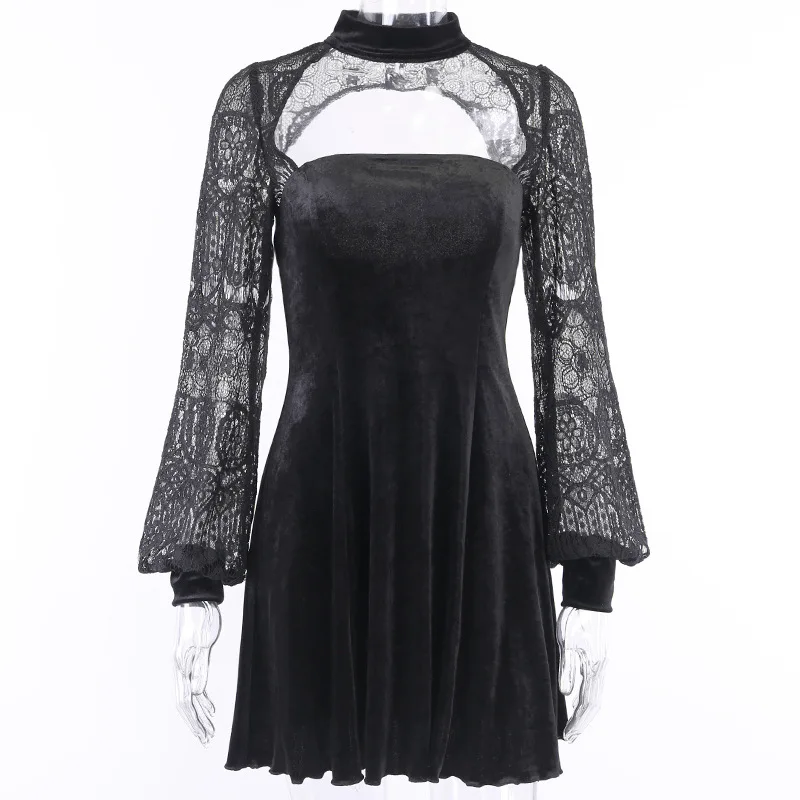 Готическое темно-черное винтажное готическое платье с открытой спиной гранж-Панк Harajuku Сетчатое женское платье осень Плиссированное шикарное сексуальное