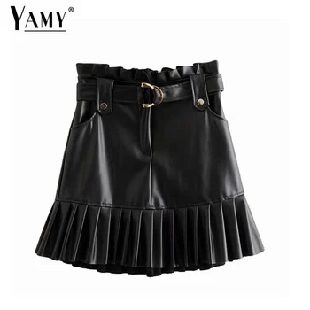 

Punk skirts for women PU leather skirt autumn Ruffle skirt vintage black high waist skirts faux leather skirt with pocket