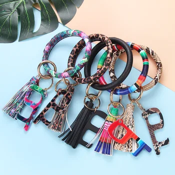 

Fashion New Door Opener Keychain PU Leather Non-contact Bracelet Leopard Pattern Tassel Bracelet Keychains Acrylic Door Opener