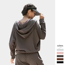 Women Hoodie Loose Deep V-neck Solid Pullover with Hood High Stretch Comfortable Polyester Fabric Sports Fitness Wear Women Hoodie Loose Deep V-neck Solid Pullover with Hood High Stretch Comfortable Polyester Fabric Sports Fitness Wear