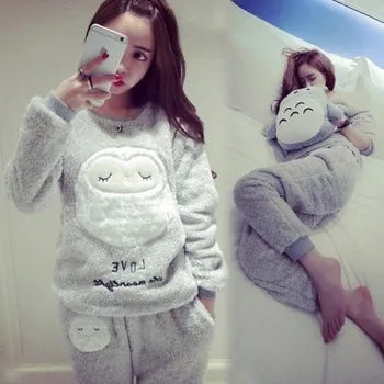 

Long Sleeve Full Trousers Two Piece Pajamas Animal Cartoon owl Women Thick Flannel Warm Female Winter Pajama Set