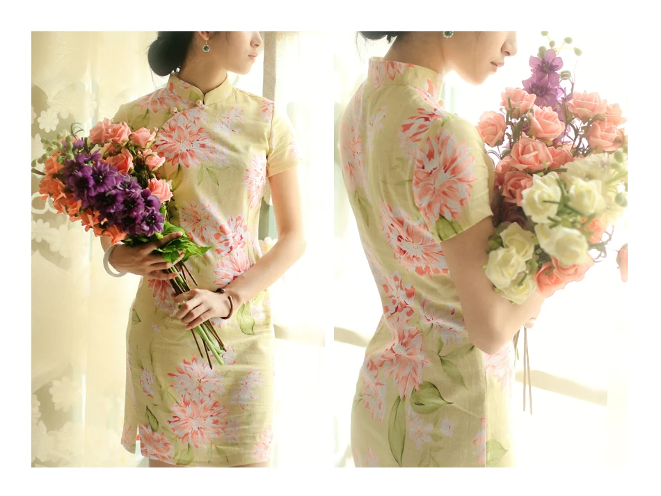 Полуметр желтый низ принт большие цветы хлопок лен ткань для cheongsam платье рубашка материал T716