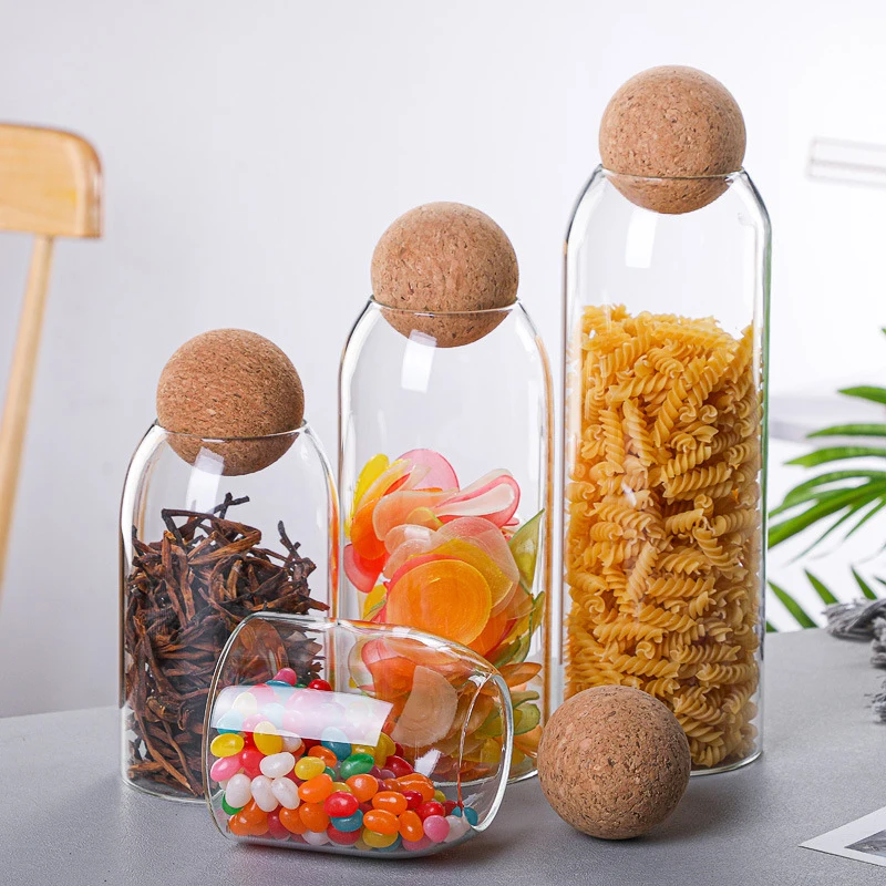 Japanese Style Elegant Wooden Ball Cork Lead Free Glass Storage Jar 1300Ml