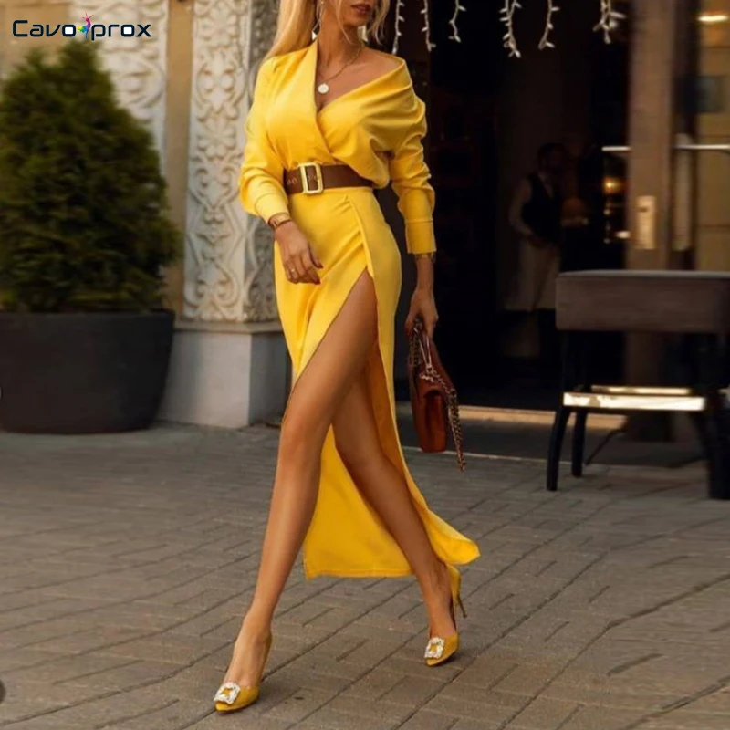 

Women Long Sleeve Plunge V-neck Slit Dress Solid Elegant Spring Fall Ankle-Length Night Out Club Party Dress Vestidos Verano