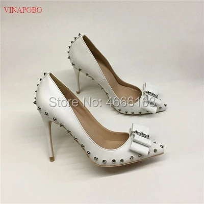 black rivet bow-knot high heels patent PU leather high heel women's shoes 10cm 12cm wedding shoes woman Party shoes bridal shoe