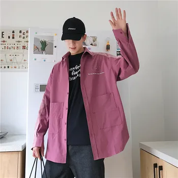 

2019 Spring And Autumn New Hip Hop Brand National Tide Corduroy Stitching Fashion Casual Pocket Couple Cotton Long Shirt Pink