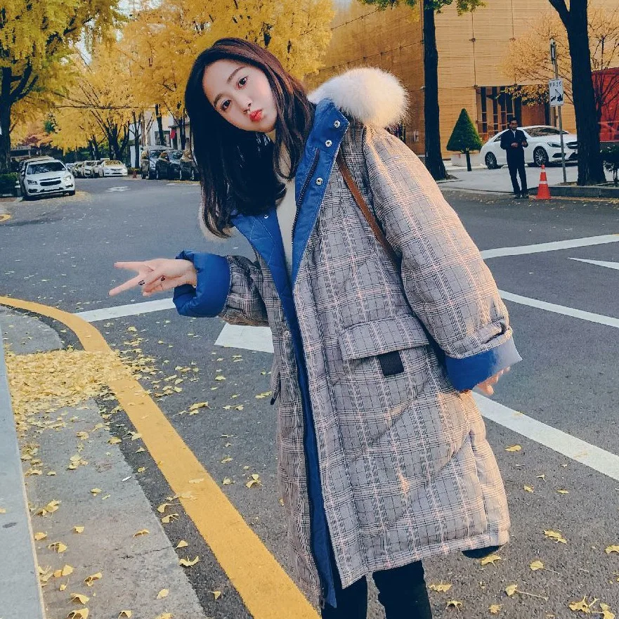 

Photo Shoot Main Push CHIC College Style Contrast Color Plaid Mid-length down Coat Hooded Large Fur Collar Cotton Coat Women's W