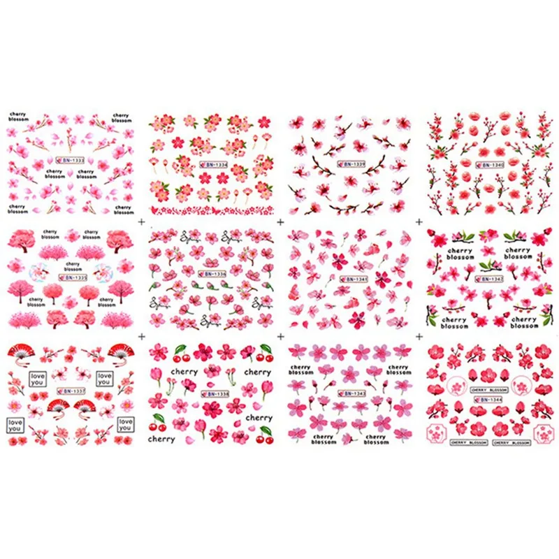 12pcs/set Cherry Blossoms Sliders For Nails Watermark Sticker Wings Lovely Nail Art Decorations Manicure Tattoo