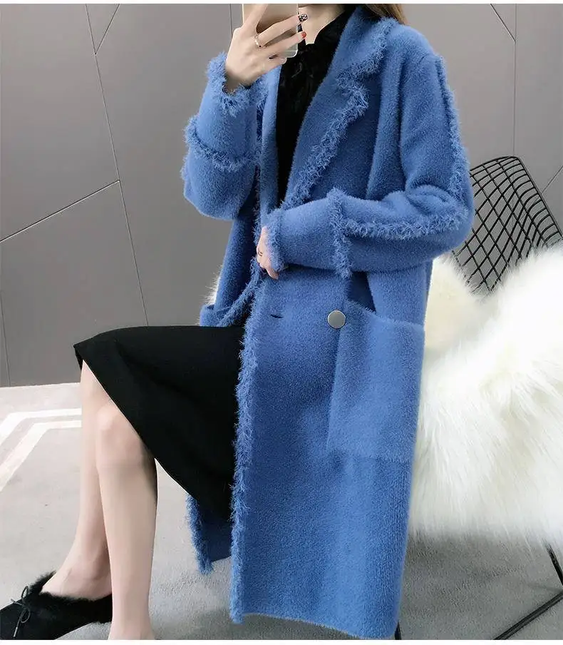 spring and autumn imitation water velvet thick woolen coat female long section new loose over the knee coat