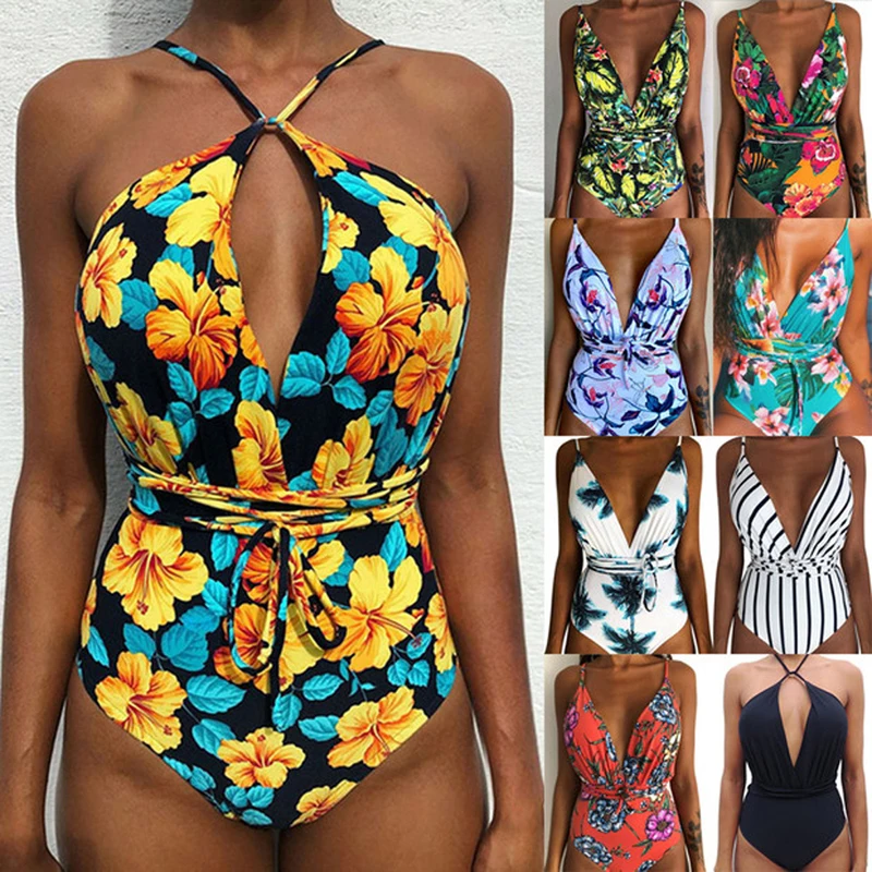 Women Bikini Set Floral Printed Swimwear Vintage Striped Bottom Biquini Summer Halter Sexy Mujer High Waist Swimsuit Beach Wear