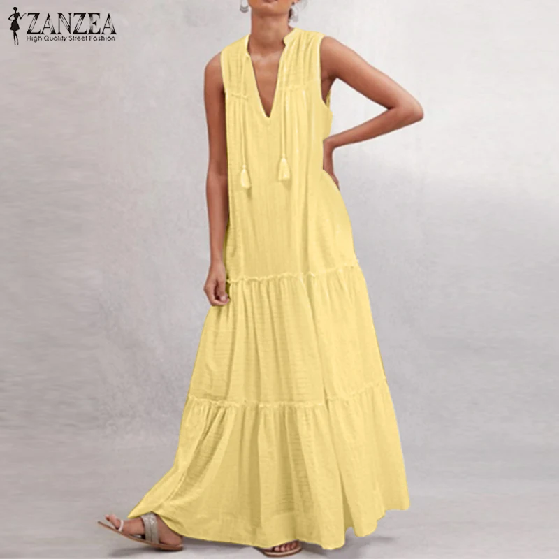 ZANZEA Summer Maxi Long Dress Women Elegant V neck Sleeveless Solid ...