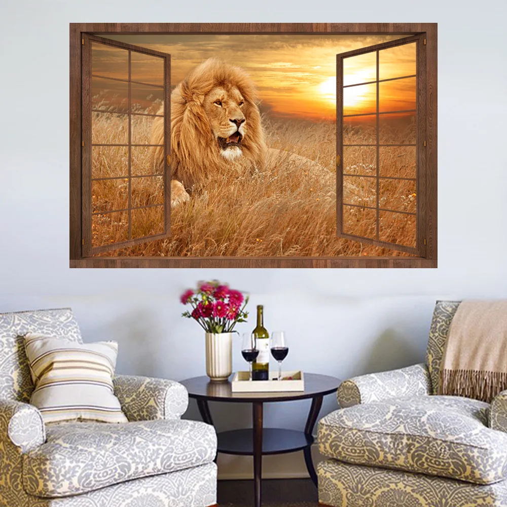 3D PVC Wall Stickers Grassland Lion Animal Pattern Removable Fake Window Wallpapers poster Living Room Mural Art Decals | Дом и сад