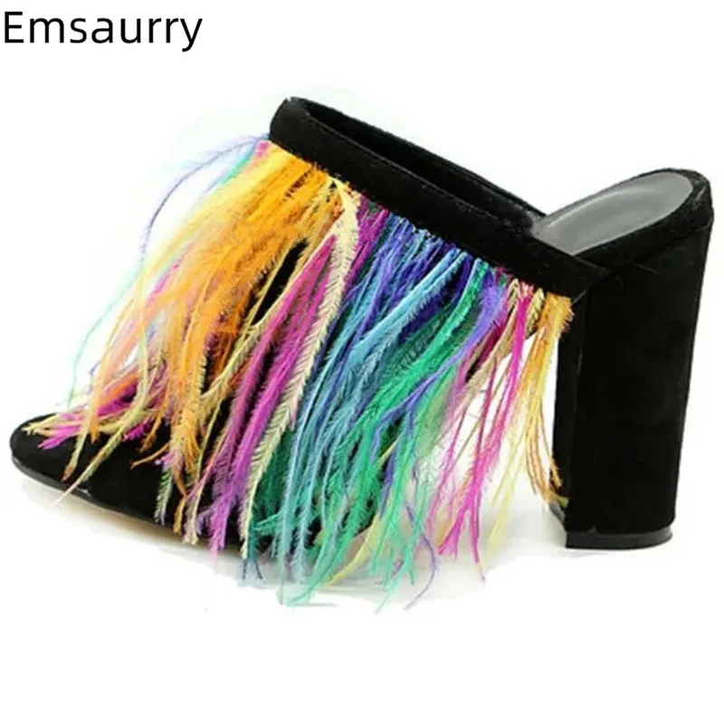 

Hot Sell Colorful Fringe Slippers Woman Peep Toe Chic Square High Heels Walking Slides Comfy Big Size Sweet Woman Slippers 43