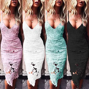 

BKLD 2018 Sexy Back Zipper Spaghetti Strap Patchwork Beach Lace Dress Spring Summer Women V-neck Cami Dress Casual Party Vestido