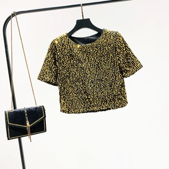 

2020 New Spring Summer Fashion Sequins T-shirt Female Sequin Short Sleeve T-shirt Shiny Tops Loose Short Cropped Tops Girls Tees