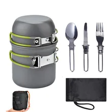 

1pc Outdoor Camping Tableware Pot Kits With Knives Fork Spoon Anodized Aluminum Cook Set Foldable Kitchen Supplies