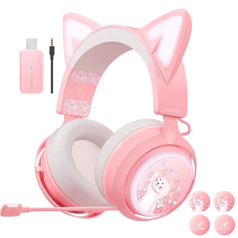 SOMiC GS510 2.4G Wireless Cat Ear Pink Headphones With 4 Covers Games/Video/Live 3 Modes Headset for PS5/PS4/PC Retractable Mic |
