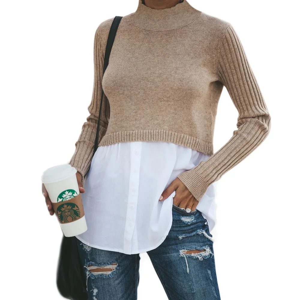 

2019 Autumn Women's New Long-sleeved T-shirt Hot Sale Stitching Tops Long Sleeve Shirt Women Aesthetic Clothes Black Knitted Top