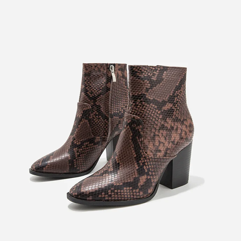 

Women Boot Snakeskin Pattern Pointed Toe Increase Square Heels Breathable Wear-resistant Zipper Christmas Banquet Heeled Sandals
