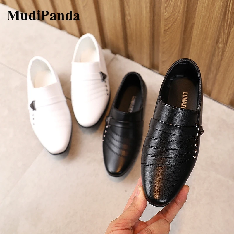 Mudipanda-zapatos de cuero antideslizantes para niños, calzado Unisex de color negro, estilo británico, pasarela, Show, ligero, suave, otoño e invierno, 2020