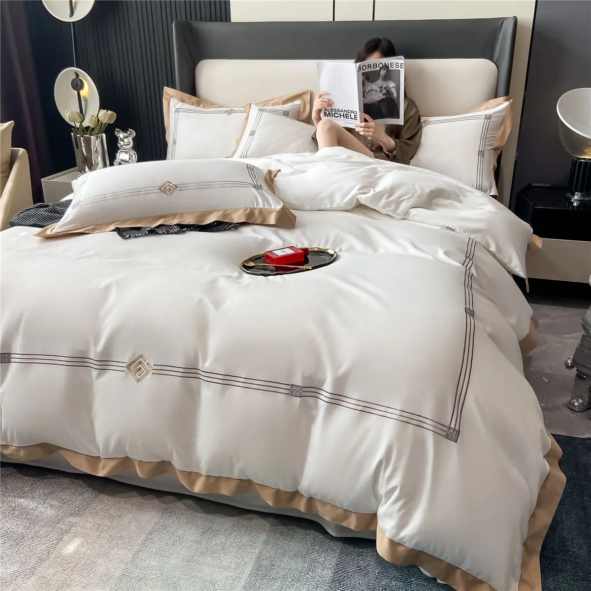 OLOEY Bedding set Egyptian cotton 100S Phnom Penh duvet cover flat sheet pillowcases Soft bed sets Embroidery