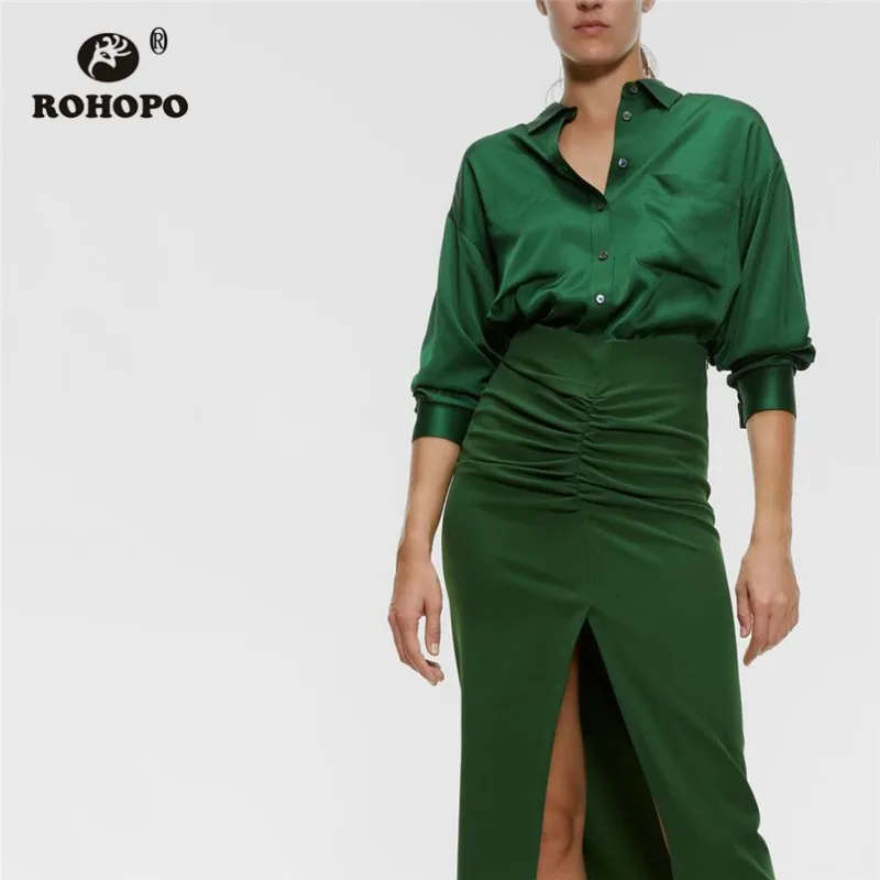 

ROHOPO Lantern Long Sleeve Welted Pockets Strain Green Blouse High Low Length Round Edge Ladies Elegant Solid Tops Blusa #2391