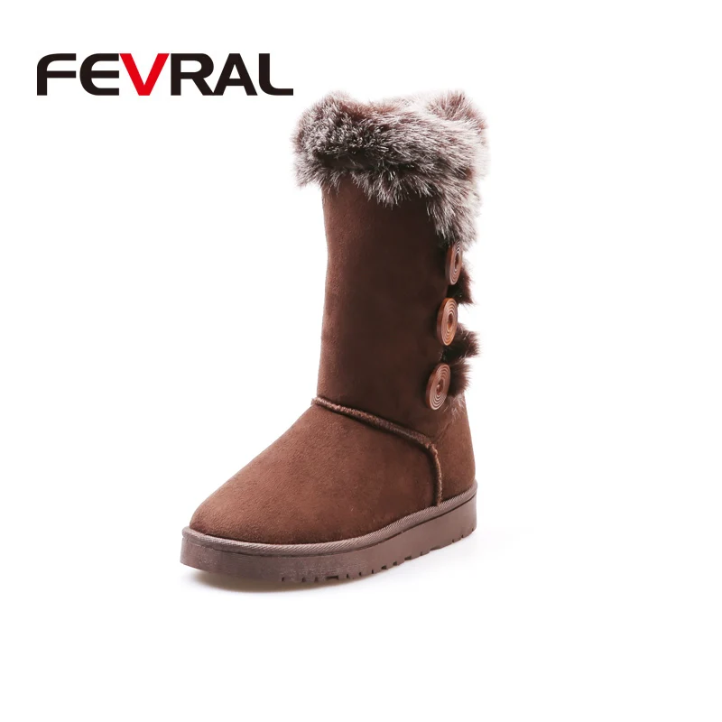 Brown FEVRAL/новейшая модель; ботинки с эластичными носками; модные растягивающиеся женские зимние теплые ботинки на не сужающемся книзу массивном Плоском Каблуке; женские повседневные ботинки с круглым носком - Цвет: Brown