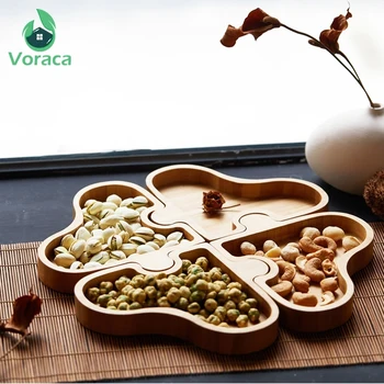 

Creative Jigsaw Wooden Snack Plate 4 Grids Hand Polished Solid Wood Candy Dried Fruit Snacks Nut Desserts Tray Tabletop Decor