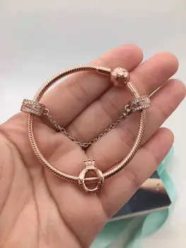 

Quality Original 1:1 100%925 Sterling Silver Rose Gold Crown Safety Chain Bracelet Bracelet Free Shipping Is Preferred As A Gift