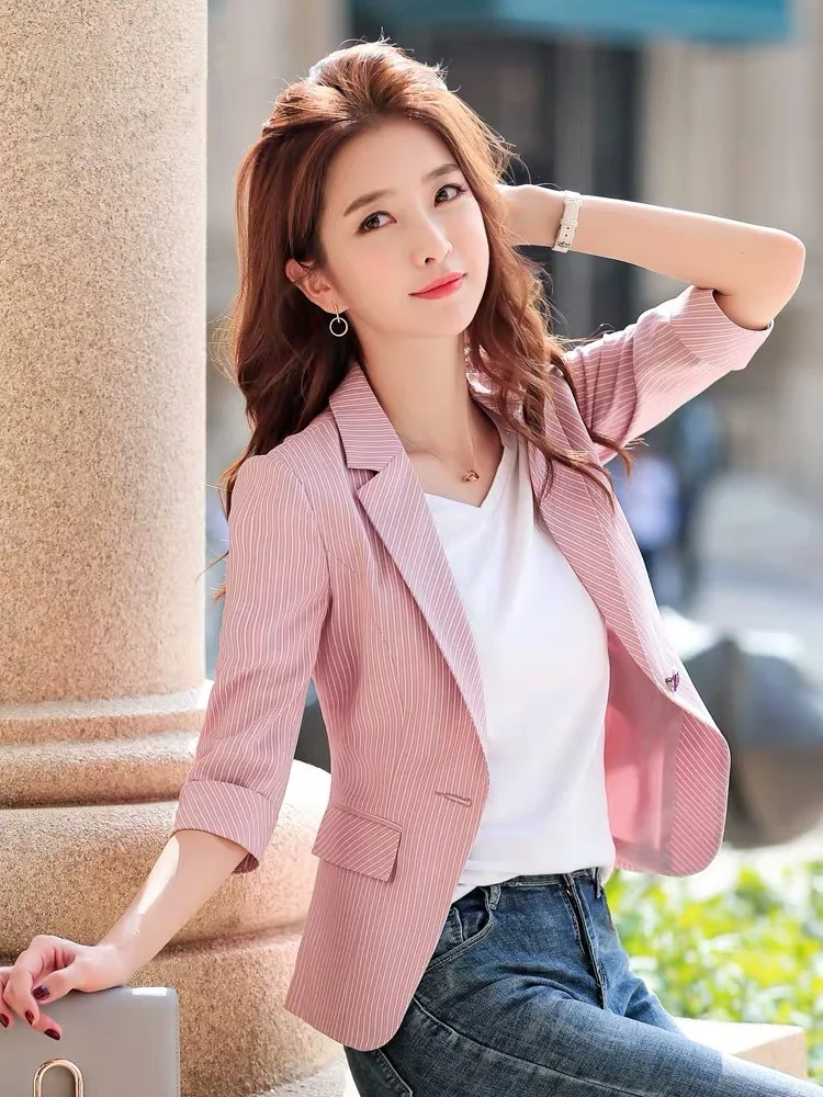 

Stripes Suit Jacket Women's 2019 New Style Korean-style Slim Fit Three-quarter-length Sleeve Suit Short Fashion Casual Small Sui