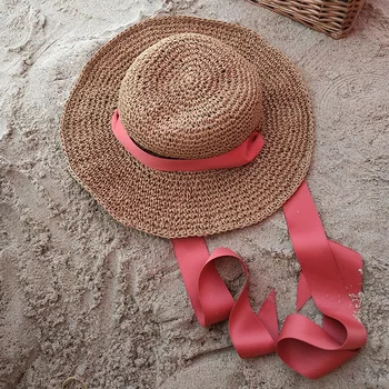 

2018 Handmade Crochet Parent and Child Sun-resistant Straw Hat Outdoor Large Brimmed Ribbon Sun Hat Foldable Beach Topee Women's