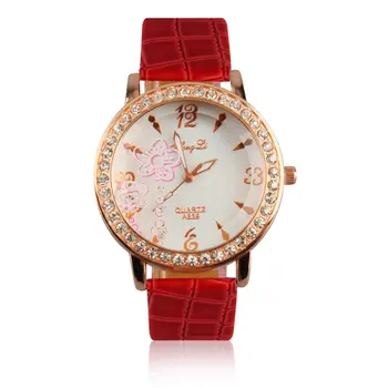 

Women's Flower Crystal Round Dial Quartz PU Leather Band Wrist Watch Gift