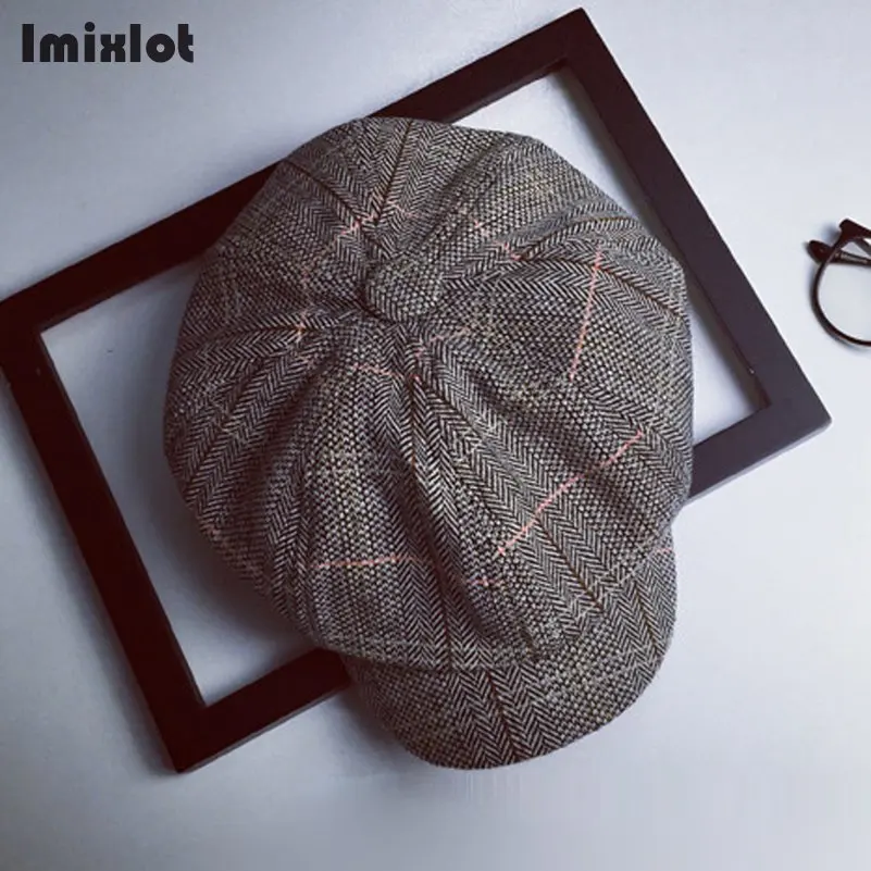 Imixlot, мужские береты в британском стиле, осенняя Новинка, винтажная Кепка с восьмиугольником в елочку, Женская Повседневная шапка с тыквой, плоский берет, шапки