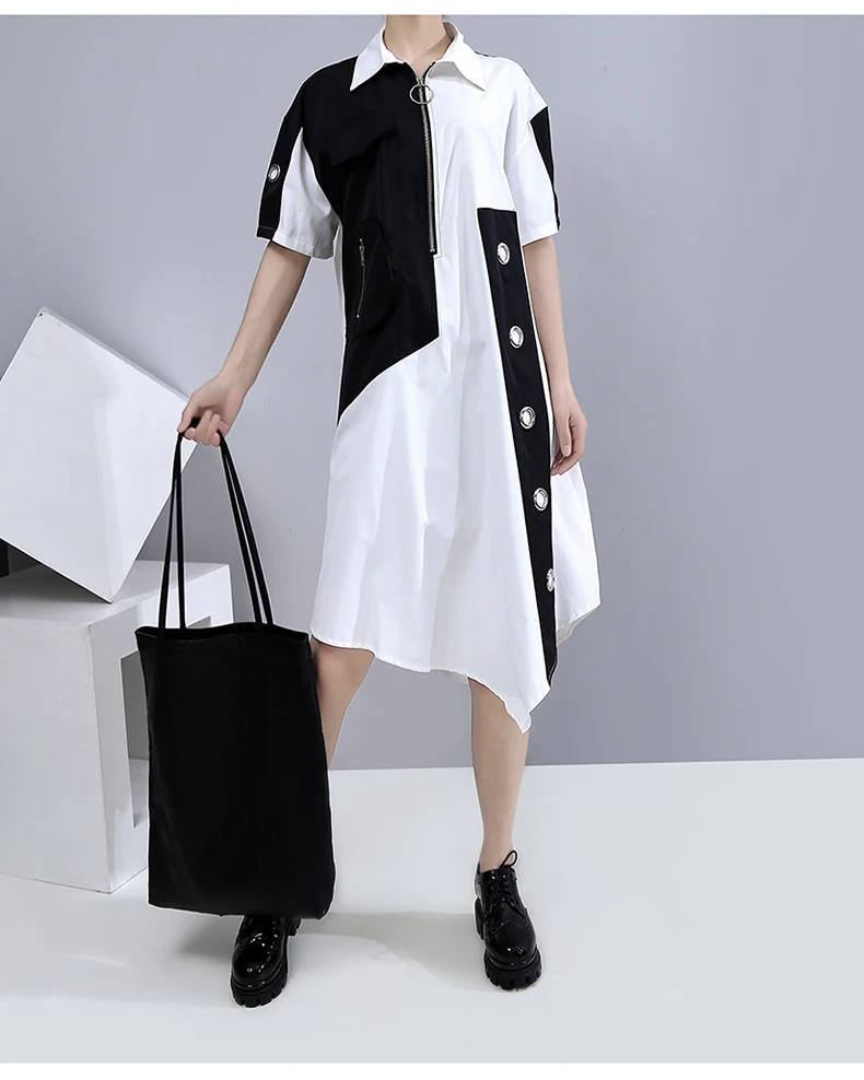 New Fashion Unique Style Tide Shirt Dress Zipper Pocket Patchwork Plus Size Dresses