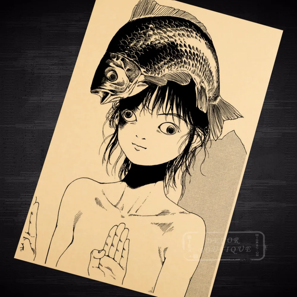 Ретро Комиксы для девочек Fish head ВИНТАЖНЫЙ ПЛАКАТ Картина на холсте настенное
